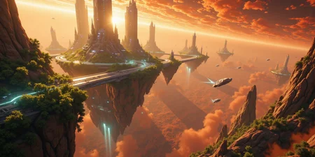 Suspended in the vast expanse of space, a mesmerizing chain of islands drifts serenely in orbit around the red planet, Mars. Each island hovers at a different altitude, their surfaces adorned with lush, emerald foliage that flourishes beneath the glimmering force fields enveloping them like protective shields. The shimmering barriers ripple like liquid light, refracting the harsh glow of distant stars and painting the sky with an ethereal iridescence.
Expansive land bridges connect these celestial wonders, their structures crafted from advanced alloys that gleam under the golden radiance of a nearby sun. Towering skyscrapers, sleek and futuristic, rise like monolithic sentinels from the dense greenery, their crystalline facades pulsing with streams of neon energy. Some seem to touch the heavens, their uppermost floors disappearing into the wisps of cosmic mist that swirl around them.
Above and below, sleek shuttles weave through the intricate pathways of this orbital oasis, descending gracefully toward the Martian surface in choreographed arcs of propulsion and light. Each craft leaves behind a faint, luminescent trail as it navigates through the shimmering force fields, vanishing into the crimson haze that blankets the planet below. The scene is a breathtaking fusion of sci-fi wonder and mystical grandeur, rendered in stunning 8K detail with the magic of Unreal Engine, Octane Render, and the unparalleled realism of ray tracing. It is a vision of a world where technology and fantasy entwine, suspended in the cosmos like an artistâs dream brought to life. <lora:Flux_Detailer_v3:0.8> Jeddtlv3 <lora:Test:0.8> n1t3_du5t