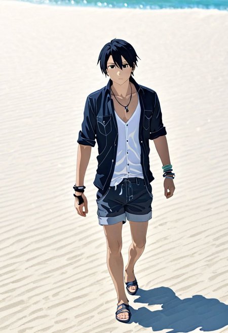 high resolution, professional photography, best quality, 1Boy, Kirigaya Kazuto, Black Hair, Black Eyes, overalldetail, beach, calm, white sand, clear sky, walking, candid, open shirt, shorts, sixpack, necklace, bracelet