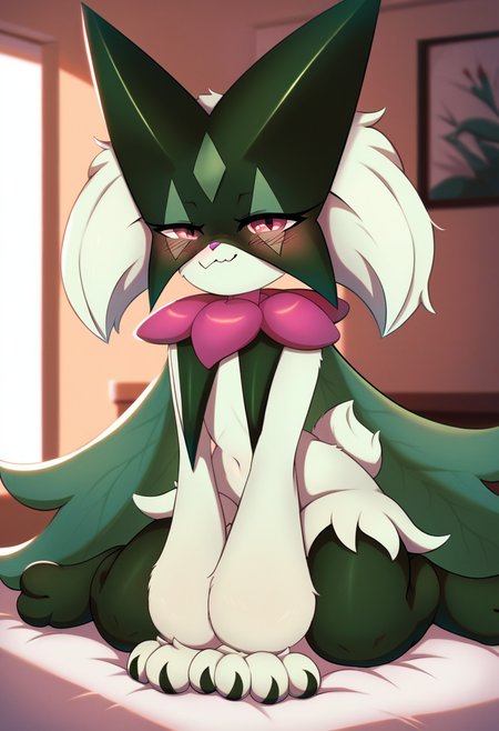 zPDXL, score_9, score_8_up, score_7_up,_up, source_furry, best quality, amazing quality, masterpiece, 1girl, looking at viewer, solo, fullbody, cute, blush, cute smile, indoors, room, meowscarada,  <lora:meowscarada:1>