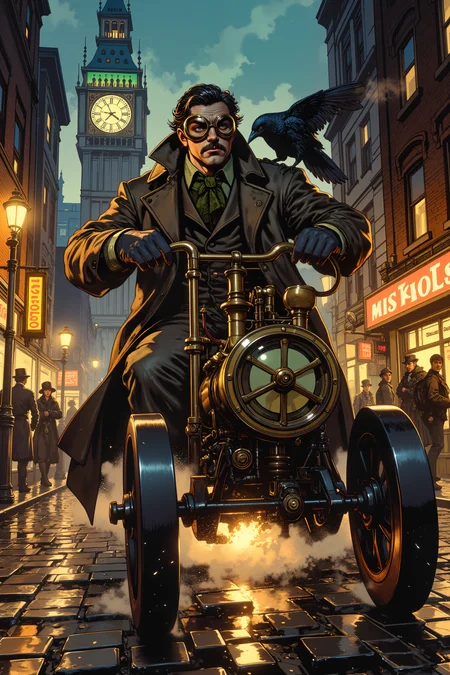 In the dim glow of flickering gas lamps, a mustachioed engineer in a soot-stained leather coat glares at a clunky, steam-powered automaton frozen mid-stride. His brass-rimmed goggles are pushed up onto his forehead, revealing furrowed brows and piercing green eyes filled with frustration. The contraption, meant to be a self-winding delivery machine, hisses angrily as steam escapes from its joints, gears grinding uselessly. The cobblestone street beneath them is slick with rain, reflecting the neon glow of a nearby clock tower that looms over the industrial skyline. Sparks dance from the automatonâs exposed wiring, sending plumes of acrid smoke curling into the damp night air. The engineer's gloved hands clutch a wrench so tightly his knuckles turn white, as if sheer force of will might intimidate the machine into compliance. Behind him, passersby in top hats and corsets give him a wide berth, some shaking their heads at yet another failed marvel of modern ingenuity. A brass raven perched on his shoulder lets out a metallic caw, its red eyes flashing in amused mockery of its masterâs plight. The city around them hums with the constant churn of progress, but here, in this moment, technology has stubbornly refused to cooperate. , detailed background  Fantastic lighting. Detailed shadows.intricate details, vivid colors, hyper-detailed, ultra-sharp, , <lora:RetroAnimeFluxV1:0.4> <lora:Vintage comic book:0.7> <lora:MoriiMee_Gothic_Niji_Style_FLUX:1.0>