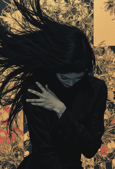 fashion photography,(full body:1), Hyper-realistic full-body artwork titled 'Synthesis,' inspired by I.A. Vepkhvadze (1976) and Yumihiko Amano. A hidden young woman in a dynamic pose, her form almost a silhouette, blending strong abstraction with hyper-detailed elements. Her long hair flows organically, merging with the tricolor organic background in shades of deep crimson, black, and gold. The background is a chaotic yet harmonious mix of geometric patterns and organic shapes, evoking concepts like Möbius Cascade, Supernova Ripple, Luminous Fracture and Harmonic Collision. The woman's pose conveys pain and tension, her body twisted as if caught in an invisible force. Her figure is partially obscured, with sharp, angular lines cutting through her form, creating a sense of fragmentation and abstraction. Lighting is dramatic, with stark contrasts between light and shadow, emphasizing the textures of her skin and hair. The overall composition is surreal yet hyper-realistic, blending emotional depth with mathematical and scientific symbolism. The atmosphere is intense, with a haunting beauty that draws the viewer into the woman's struggle and the abstract world around her., noir-like atmosphere, enhancing the subject’s enigmatic presence., (the ICON inscription), . . An otherworldly atmosphere. Epic.. The overall composition feels cinematic, blending high fashion with a science fiction aesthetic. . . (Depth of field), low saturation,detail. ,,. ,,. masterpiece, best quality, medium-format camera, high-contrast, dramatic lighting, striking composition, . (Depth of field), low saturation,detail. mythp0rt, charismatic., ,,. masterpiece, best quality, dramatic lighting,. An otherworldly atmosphere. (Depth of field), low saturation,detail. mythp0rt Stylish, charismatic.PA ,,sNOW wHITE, (Depth of field), low saturation,detail. mythp0rt Stylish, charismatic., belle (Depth of field), low saturation,detail. mythp0rt Stylish, charismatic. ,. , low saturation,detail. mythp0rt Stylish, charismatic. ,,aidmamj6.1,ne0nfant4sy, The background is minimalist, a gradient of shadowy blue tones, amplifying the ethereal and futuristic ambiance of the scene. . Thin border of tiny maple leaves that glitch and fade around the edges overlaid on a black border background... with rays of sunlight piercing through the misty atmosphere. masterpiece. An otherworldly atmosphere, Mysticism. mythp0rt, (Depth of field),detail. mythp0rt, Stylish, charismatic. , Otherworldly atmosphere. aidmamj6.1 (Depth of field), low saturation,detail. mythp0rt Stylish, charismatic.c. (Depth of field),,detail. mythp0rt Stylish, charismatic. ,aidmamj6.1,ne0nfant4sy,.
mythp0rt,

nigiex.  
. The background is minimalist, a gradient of shadowy blue tones, amplifying the ethereal and futuristic ambiance of the scene. The overall composition feels cinematic, blending high fashion with a science fiction aesthetic.   , 

,  Otherworldly atmosphere. aidmamj6.1
(Depth of field), low saturation,detail. mythp0rt Stylish, charismatic.c.


(Depth of field),,detail. mythp0rt Stylish, charismatic. ,.
<lora:domiswaunfluxmini:1>
,,, 

(Depth of field),detail. mythp0rt, Stylish, charismatic. 
,  Otherworldly atmosphere. aidmamj6.1
(Depth of field), low saturation,detail. mythp0rt Stylish, charismatic.c.
(Depth of field),,detail. mythp0rt Stylish, charismatic. ,aidmamj6.1,ne0nfant4sy,.
, . igiex. .UNI_SCI_FI_CORE. j-art, j_art, illustration-fen,
