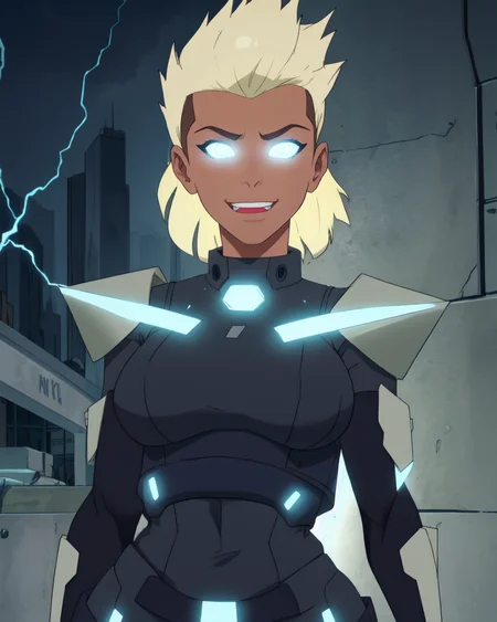 leslie,two-tone hair,undercut,spiked hair,blue eyes,glowing eyes,
gloves,shirt,armor,vest,medium breasts,
standing,upper body,smile,
metropolis,morning,electricity,
(insanely detailed, beautiful detailed face,beautiful detailed eyes, masterpiece, best quality),<lora:LivewireMAS:0.8>,