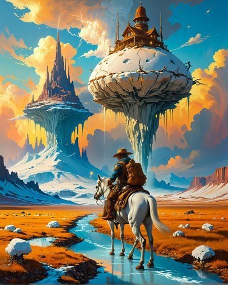 fantasy landscape, random rider in landcscape,
Winter glacier calving birthing subzero AI crèches in Fungal spaceport with mycelium control towers under Stratocumulus vesperalis colored by chemtrail palettes,
Gentle drizzle refracting sunlight,
Sunrise painting peaks in gold,
Factory flare stacks painting skies,
acid-etched archives floating on molten glass lakes,
<lora:extremely_detailed:0.7> extremely detailed,
<lora:add-detail-xl:0.4>,
 <lora:dreamshaperXL10_lora:0.35>
<lora:Illustration_Insanity:0.7>,
<lora:tbh129-sdxl:0.3> style of Michael Cheval,
<lora:tbh330-sdxl:0.3> style of James C. Christensen,
 detailxl,
 advntr,