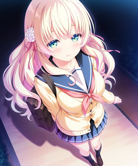 masterpiece,best quality,amazing quality,1girl,solo,looking_at_viewer, from above,
Hazuki,
long hair,blonde hair,green eyes,hair flower,hair ribbon,hair ornament,
sailor collar,yellow cardigan,blue pleated skirt,black socks,school bag,
full_body, standing, smile, 
black_background,  
