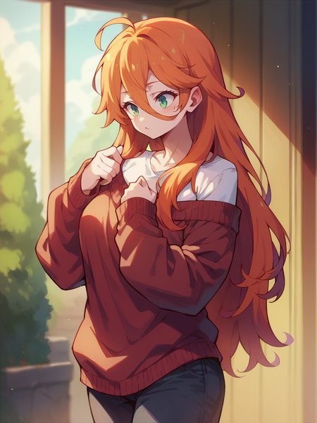 score_9, score_8_up, score_7_up, score_6_up, score_5_up,  <lora:NGNLXLP:1> ngnl, 1girl, long hair, ginger hair, curvy, sweater