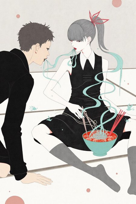 kchiba1 illustration. 
On the right, a young woman with a slender, athletic build is seated on the ground. There is a bowl of hot ramen in front of her. She is slurping strands of noodles. On the left is a man, his back to the viewer, with his hand on the ground. <lora:kchiba1_cap_d6a3:1.0><lora:837656409849082065:0>