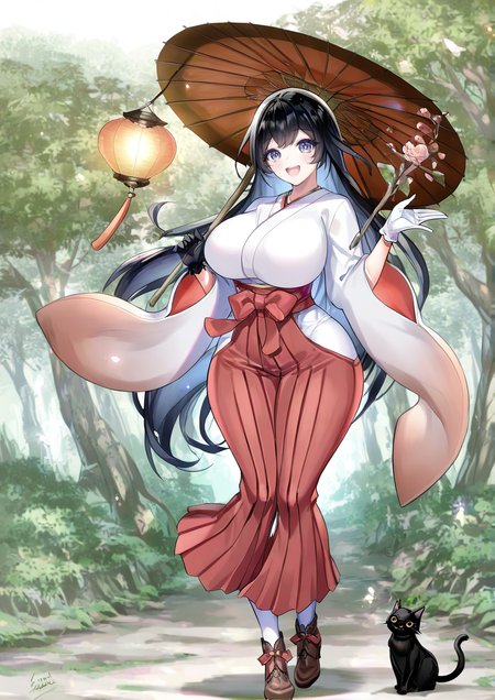 <lora:foomuchiã¿ã©ããµã:1>,1girl, enmusubi no kami (onmyoji), huge breasts, wide hips, :d, animal, asymmetrical gloves, black cat, black gloves, black hair, blue eyes, branch, brown footwear, brown umbrella, cat, gloves, hakama, hakama pants, holding, holding staff, japanese clothes, kimono, lantern, long hair, long sleeves, looking at viewer, mismatched gloves, oil-paper umbrella, outdoors, pants, pantyhose, red hakama, signature, smile, solo, staff, tree, umbrella, very long hair, white gloves, white kimono, white pantyhose, wide sleeves, 
masterpiece, best quality, highres, absurdes,amazing quality