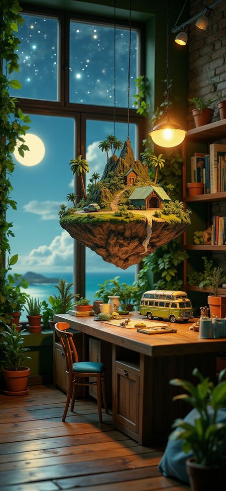 (indoor,very wide isometric view,tilt-shift lens:1.6), (windowless,fna_style,miniature,miniature,diorama,miniature,diorama,PVC,plastic:2),starry night jungle,beach,1950s town with bus  at (floating island,levitating  island:1.5) on (table:2) at (attic:2.5)   <lora:Diorama_Flux:1>
 <lora:Fantasy_Novel_Art_Style:1>