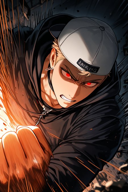 realistic shading, dimlighting, backlighting, orange theme, male focus, expressive angry face, urektg, shaded eyes, red_urektg_eyes, shaded face, blonde_urektg_short hair, white_urektg_backwards baseball cap, yellow_urektg_earrings, 1boy, glowing eyes, punching through wall, choker collar, hood, torn clothes, muscular male, floating clothes, windy, shadow, night indoors prison, dark environment, foreshortening, from above, dutch angle, dynamic angle, dynamic action, intricately detailed illustration, cinematic, depth of field, atmospheric perspective, masterpiece, best quality, amazing quality, very aesthetic, absurdres, newest, BREAK, motion lines, motion blur, speed lines, rubble, floating object