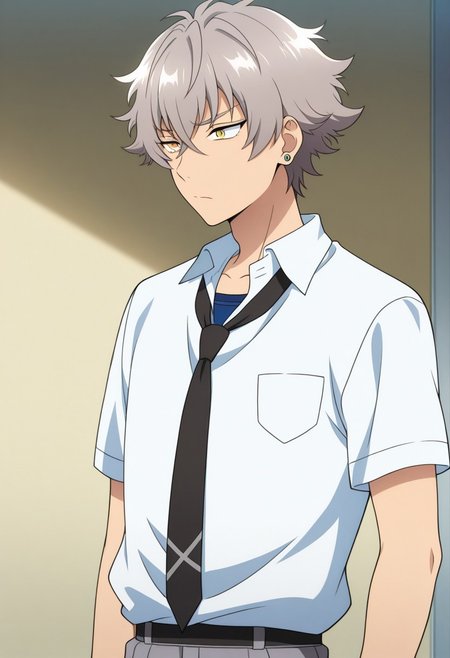 masterpiece,best quality,amazing quality, source_anime, 
kogaoogami, 1boy, male focus, solo, yellow eyes, grey hair, jewelry, earrings, school uniform, blue undershirt, shirt, white shirt, collared shirt, short sleeves, necktie, black necktie,