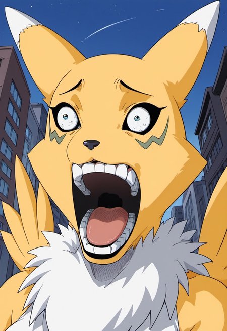 score_9, score_8_up, score_7_up, source_furry, source_anime, rating_safe BREAK 1girl, solo, anthro, furry female, digimon (creature), solo, furry, fox ears, black sclera, blue eyes, body fur, white fur, yellow fur, fox tail, enel face, open mouth, wide-eyed, teeth, tongue, city, street, night