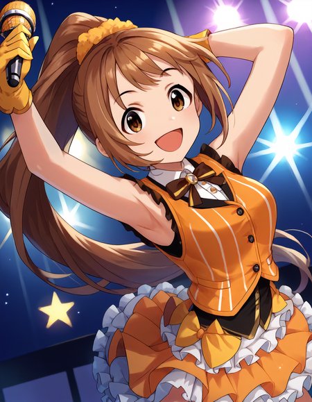 score_9,score_8_up,score_7_up,1girl,solo,cowboy shot,looking at viewer,smile,open mouth,holding microphone,arms up,stage lights,
<lora:wakabayashitomoka_ponyXLV6:0.8>,cgwtmk,
brown hair,long ponytail,brown eyes,
orange vest,sleeveless,yellow gloves,frilled skirt