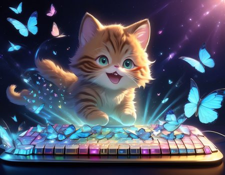 <lora:detailed_notrigger:.4>,   <lora:butterflyStyle:1> ,cat chasing a butterfly projected from a glowing holographic keyboard, playful mix of tech and fun, cozy ambient scene, butterflyStyle