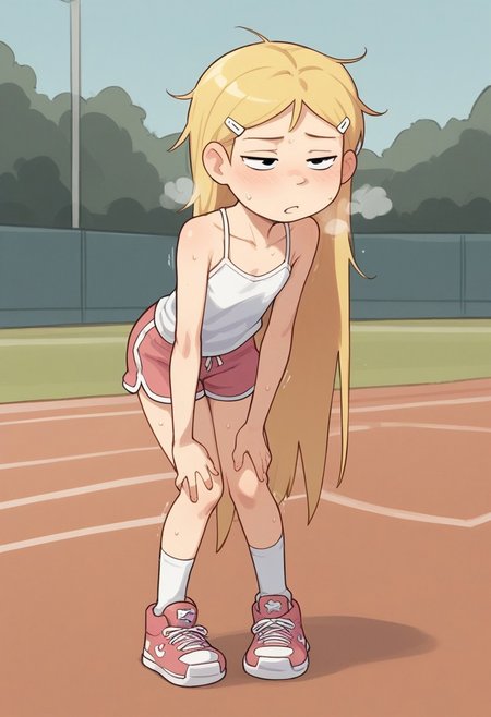 score_8, score_8_up, score_7_up, score_6_up,  source_cartoon, BREAK, 1girl, solo, K3lly, blonde hair, very long hair, white hairclip, black eyes,,,, petite,, , , , messy hair,  , half closed eyes, heavy sweating, heavy breathing,  motion lines, solo, female focus, white camisole, salmon-pink tennis shorts, sneakers, socks, athletics field,  leaning forward, hands on knees,, outdoors, full body, flat chest, prefect anatomy,