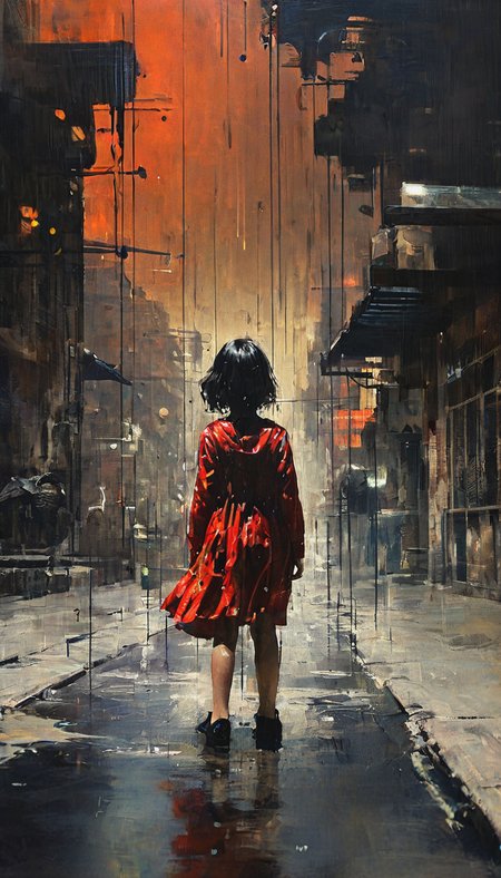 (high perspective close-up view:1.8), dark gold theme, psychedelic, dark noir style, <lora:AshleyWoodArtAILccp:1> AshleyWoodArtAI <lora:greg_rutkowski_xl_v1:1> Greg Rutkowski, (((detailed beautiful face, portraite of a little girl in liquid red short liquid dress on the street))), crying, black hair, symmetry eyes and iris, black shoes, looking at viewer, on black oil skyscrapers huge liquid black oil splash monsters atack city, droplets, wind, red oil rain, colorful, luminism, bioluminescence, studio lighting, hyper detailed, (masterpiece, best quality:1.4), absurdres, vibrance, ray tracing reflection, sharp focus, shallow depth of field detailed background, (ultra realistic:1.2), 16k resolution.
