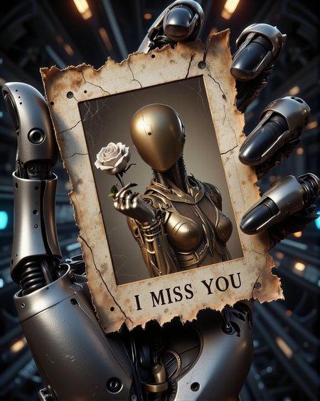 score_9, score_8_up, score_7_up, source_realistic, hyper-realistic details, ultra-HD textures, high quality v3, Fantasy detailers 
One Meka robotic hand square rubber matte plastic fingers, with visible cybernetic joints, carefully holding a vintage, eroded photography . The aged photo features a steampunk cyborg bald ((female faceless mannequin)), elegantly posed in a bygone era, with intricate brass and copper accents, exposed gears, and delicate engravings running along its mechanical limbs, holding a rose. The futuristic modern cyber text "I MISS YOU" is subtly printed across the faded image, its rough pixels blending into the worn, weathered surface of the photo.  
- The spaceship background is dimly lit and out of focus, emphasizing the photograph as the central focal points.  
- The photo’s edges are frayed and discolored, showing signs of time, while faint creases and scratches add realism.  
- A soft, nostalgic glow highlights the metallic sheen of the fingers, creating a contrast between the futuristic robotic form and the aged memory they hold.  
- A poignant blend of technology and longing, capturing the emotional weight of a lost past.  
- Hyper-detailed textures on the eroded photograph and mechanical fingers enhance realism.  
- Cinematic lighting and subtle depth of field add drama, reinforcing the theme of memory and nostalgia.