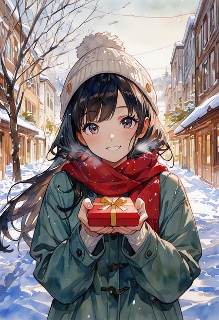 masterpiece, best quality, very aesthetic, absurdres, ambient light, soft light, SagawaStyle, Rapscallionstyle, ((watercolor art)), shiny smile, (watercolor \(medium\), traditional media),
1girl, asian, short pop hairstyle, knitted hat, dark hair, shiny skin, (detailed eyes), long jacket, scarf, holding a gift box, giving gift box to viewer, sweet smile, happy, looking at viewer, smile, down jacket, close up, from front, outdoors, snowy, street view, snow, wind, sunny background, street view