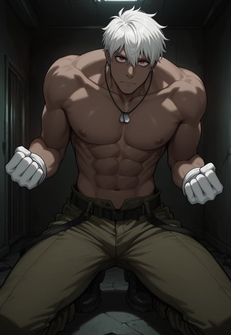 masterpiece, best quality, amazing quality, very aesthetic, CPTHS, 1boy, solo, male focus, white hair, short hair, dark skin, red eyes, topless male, dog tags,  white gloves, black belt, green cargo pants, open fly, suspenders, black combat boots, figthing stance, dark, indoors, looking at viewer, clenched hands, perspective, fire, flames,