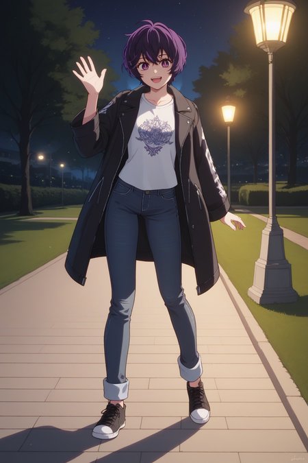 sscore_9, score_8_up, score_7_up, source_anime, 1girl, prefect lighting, very aesthetic, intricate details, highly detailed background, masterpiece, high quality, prefect hands, best quality, solo, 
<lora:Abiko_Samejima_Oshi_No_Ko_V1:.85>, KJOabiko, purple hair, purple eyes, slit pupils, short hair, 
jeans, black sneakers, white print t-shirt, black fur coat, open jacket,
waving, smile, open mouth, 
night, park, trees, street lamps, grass,
(Beautiful, small Breasts:1.2), natural breasts,