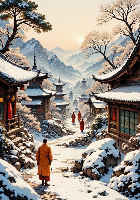 Traditional Korean winter landscape in the style of Minhwa folk art. The scene depicts a mountain Buddhist temple complex nestled among snow-covered pine trees, each branch delicately outlined with black ink and highlighted with white hanji paper texture. Monks in saffron robes traverse stone pathways between meditation halls and pagodas, creating tiny splashes of warm color against the cool winter palette. Bronze temple bells hung with red silk ribbons, their surfaces reflecting golden afternoon light. Snow-dusted tile roofs with dancheong colored eaves exhibit traditional patterns in faded blue, red, and green. Distant mountains rendered in traditional sumuk ink wash technique, varying gray tones creating depth through layers of mist. Intricate details of temple architecture, prayer lanterns glowing softly against approaching evening. Masterpiece quality, authentic representation of Korean winter spirituality, balanced negative space with focused detail. <lora:Vintage comic book:0.6> <lora:FluxMythG0thicL1nes:0.8> <lora:boFLUX Double Exposure Magic v2:0.6> <lora:Anime realistic V2:0.4> <lora:Illustration_Style_IV:0.3> <lora:flux_dev:1>
