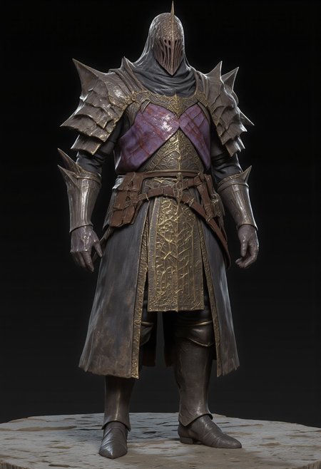 A warrior wearing buckly  distinctive brutalist forms armor crafted from mithril - The armor showcases the characteristic iridescent patterns and vibrant colors of mithril , with deep dark purple and earthy gray creating natural striped patterns across the chest piece and leg guards. Heavy pauldrons and a Norman helmet with thick neck guard provide additional protection, while the overall silhouette remains 
 imposing. The armor is complemented by mithril pants and brutalist imposing heavy boots at the base. 
Standing on a flat gray ground and black background, the camera angle is high rotated at a 45 degree angle Set against a solid dark black color background to emphasize its unnatural form that emphasizes its silhouette. The medium is not a traditional painting or illustrative medium like watercolor or ink but rather a digital 3D rendering. 
MikeFranchinastyle, bbstyle,, horror theme,, ZBClay model of a gray sculpture, zbrush, d4arks0uls, overcast lighting