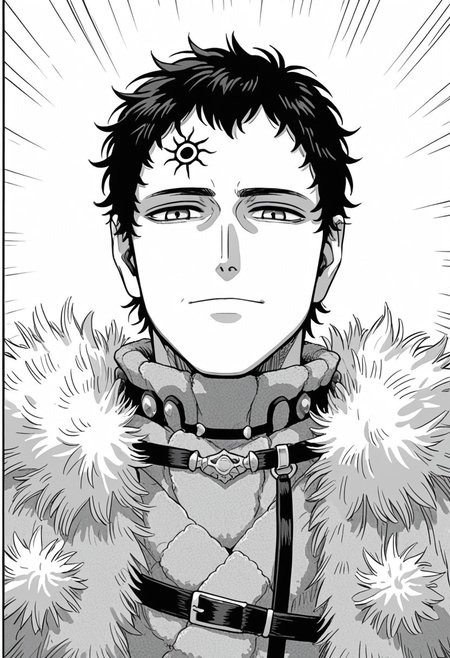 score_9, score_8_up, score_7_up, ((solo)), manga, black and white, lineart, lines, monochrome, adult, man, man on his 40s, lucius zogratis, messy short hair, forehead mark, furry robe, straps, fur cape, fur mantle, middle body, neutral smile, ((thinking expression, serious, closed mouth, relaxed)), flat colors, emphasis lines,