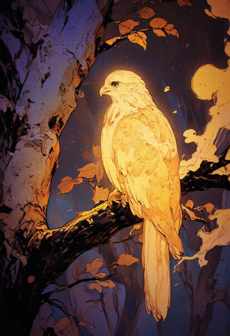 A close-up of a mystical tree branch with rough, textured gray bark. The branch is adorned with elegant, slightly curled leaves in deep purple and black, creating a dark and mysterious contrast. Sitting on the branch is a mystical, divine, glowing, magical hawk radiating a warm golden-yellow light. The hawk’s feathers shimmer with an ethereal glow, casting a soft illumination onto the branch and surrounding leaves. The Hawk's wings leave behind a trail of golden glowing dust and smoke. The background is blurred and dark, with hints of faint mystical mist or magical particles floating in the air. The atmosphere is enchanting, warm, calming, mysterious, and full of fantasy elements.