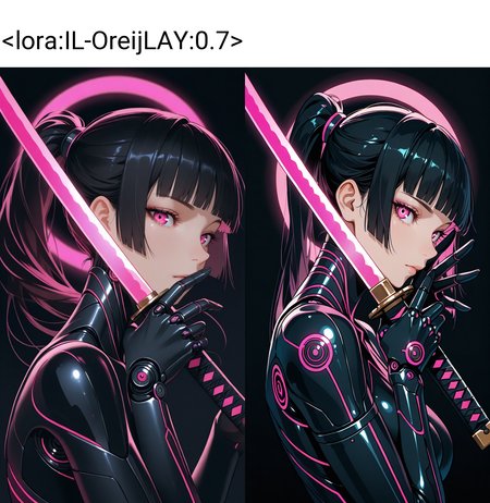Masterpiece-level, clean lines, sharp, focused subject, minimalistic composition, side view,  upper body view, circle, tangle composition. pink neon lights, black background, futuristic, hime cut, ponytail, beauty, cyber body, katana, abstract background, cyber body details, futuristic, hands, holding katana infront of face, model posing, cheekbones, dynamic motion, dynamic angle, face focus.
looking at viewer, detailed eyes, eyelashes, dynamic motion, black light, light from one side, dark shadows.
<lora:IL-OreijLAY:0.7>
