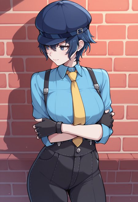 masterpiece, best quality, newest, solo, 1girl, na0todancing, slight smile, looking to the side, standing, crossed arms, short hair, blue hair, blue headwear, cabbie hat, blue eyes, blue shirt, collared shirt, yellow necktie, suspenders, black gloves, fingerless gloves, black pants, brick wall
<segment:yolo-Anzhc Face seg 640 v2 y8n.pt,0.4,0.5//cid=1>