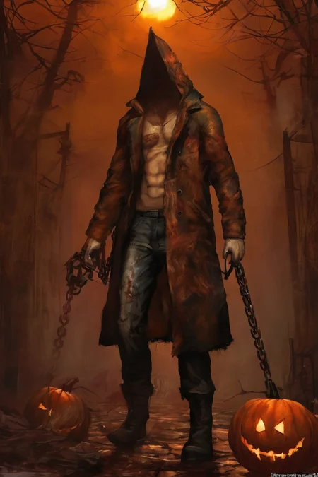 silent hill style, pumpkin gat,coat, horror \(theme\),   1boy, muscular male,chains, weapon  <lora:silent_hill_xl:1>