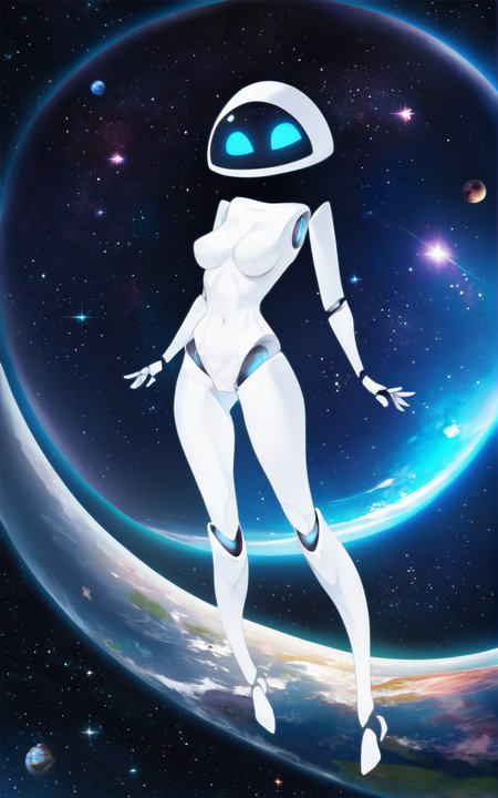 score_9, score_8_up, score_7_up,((masterpiece,best quality)), absurdres,((full body)),<lora:EVESDXL:0.85>,EVESDXL,robot,breasts,humanoid robot, blue eyes, no mouth, white skin ,screen face,featureless feet,slim,standing,solo,flying, space, planets, stars, <lora:3d-2d:0.8>