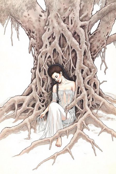 chenu1 illustration. 
The image is a detailed, intricate drawing in the style of traditional Chinese ink wash painting, with a focus on a serene and ethereal scene. The artwork features a woman, likely a deity or mythical figure, nestled among the gnarled roots of an ancient tree. She is depicted in a contemplative pose, with her eyes closed and a serene expression on her face. <lora:chenu2_poster_cap_d6a3:1.0><lora:822574254231914320:0>