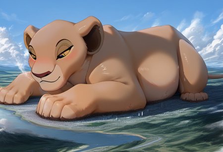Safe_pos, score_9, score_8_up, score_7_up, detailed face, best quality, 1girl, solo, masterpiece, detailed background, beautiful, detailed eyes, mature female, giantess, macro
side view, lien,
1girl, solo, furry art, feral, Nala, Lioness , Solo, Lion King, Disney, furry, On fours, tail, full body view, slightly chubby,
pin up pose, laying on side, light smile, narrowed eyes, blush
long river, skyline, cityscape, destroyed cityscape,  earthquake, steam, fog, craters