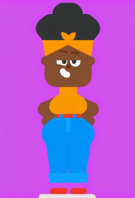 score_9, score_8_up, score_7_up, pinup girl pose, 1girl, solo, dark skin, dark skinned female, black hair, afro, headband, yellow headband, yellow shirt, blue jeans, red shoes, black eyes, cleavage, large breasts, wide hips, thick thighs, huge ass, fat ass, bottom heavy
