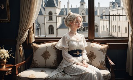 (averted gaze, white of eye visible, looking away:1.5) white hair, looking away, (style of Paolo Roversi) Renaissance young adult woman, pale skin, flowing diaphanous gown, seated by a window, period-appropriate artifacts, (soft face light:1.5), intricate details, thoughtful expression, soft lighting, rich textures, detailed embroidery, elegant and timeless, muted color palette, vintage and nostalgic, rule of thirds composition, soft shadows, dreamy atmosphere, smokey eye makeup, (porcelain skin, fair skin, staring ahead, blank expression:1.3), modesty panel, lace choker, bow-shaped lips, fill lighting,  Bella_Jockitch