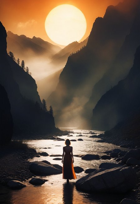 An atmospheric surreal landscape featuring a mysterious woman standing on rugged rocky terrain, facing a large glowing orange sun low on the horizon. In front of the woman is a water stream shrouded by mist. The sun appears to be drowning in this misty stream. 
BREAK,
The scene is set in a narrow valley with towering rocky mountains in the background, shrouded in mist. Soft, diffused lighting creates a dreamlike ambiance, with a moody overcast sky. The water below reflects the orange glow of the sun, adding subtle illumination to the rocky foreground. 
BREAK,
The (woman's silhouette is prominent, with a dark, flowing dress, standing still) as she gazes at the glowing sun. Wide depth of field, with soft shadows and a balanced exposure to enhance the contrast between the mist, sun, and mountains, photography in the style of Guy Aroch, Chiaroscuro Lighting Style