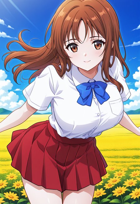 sendou_asuka, brown eyes, brown hair, long hair, blue bowtie, school uniform, short sleeves, collared shirt, white shirt, red skirt, <lora:fr_sendou_asuka_illustrious_ver1:0.8> 
smile,, 1girl, solo, (field:1.2), (blue sky:1.2), looking at viewer,, (cowboy shot, dynamic pose:1.4),, masterpiece, best quality, general,