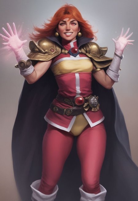 (score_9, score_8_up, score_7_up), rating_explicit, Masterpiece, best quality, outdoors, highly detailed, realistic, detailed background,
BREAK
Sorceress Supreme Lina Inverse, (PAWG:1.3), sexy short woman, thin hourglass figure,  (realistic skin texture), heart-shaped face, sharp angular features, beautiful face, cute, red eyes, slanted almond-shaped eyes, Long straight red Hair, long bangs, wild hair, sidelocks, long eyelashes, high nose, freckles, high cheeks, prominent cheekbones:0.4, thick lips, massive overbite, large front teeth, arrogant smile, haughty expression,
BREAK
small breasts, flat chest, thicc thighs, enormously wide hips, massive fat ass, skindentation:1.4,
BREAK
 yellow trim, headband, white footwear, white gloves, white trim, brooch, red pants, pauldrons, cape,
BREAK
random pose, casting a spell, magic,