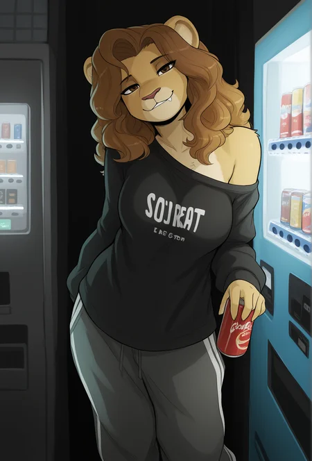 masterpiece,best quality,amazing quality, <lora:the_minuscule_task_style_illustrious_v1.2f:1> taskstyle, 1girl, furry, lion, wavy hair, long hair, brown eyes, looking at viewer, smile, half-closed eyes, BREAK
medium breasts, shirt, long sleeves, sweatpants, baggy clothes, off shoulder, dark, low lighting, convenience store, solo, vending machine, holding can, leaning to the side,