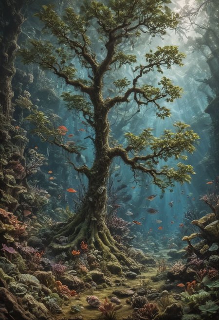 8K Ultra HD, highly detailed, super realistic, Underwater Forest, a detailed illustration depicting a mysterious forest that spreads on the seabed, a fantastic sight of trees standing in the sea and glittering creatures, Adobe Illustrator, pixiv, luminism, 3d render, octane render, Isometric, by yukisakura, awesome full color,  <lora:add-detail-xl:1>