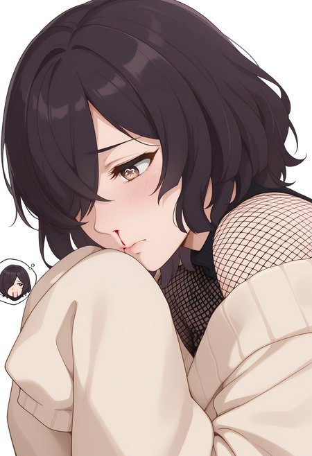 Smooth Quality,masterpiece,very intricate, high quality details, ultra realistic, high detailed skin,detailed enviorement,absurdres,
simple background, white background,
,from side,sad,nosebleed,
kimono,  ,oversized sweater, ,fishnets, , <lora:Kiclacnn:0.7> Kiclacnn, 1girl, black hair, brown eyes, symbol-shaped pupils, short hair, hair over one eye,
