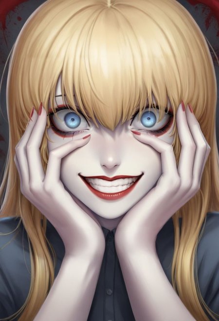 illustrioussciamano, masterpiece, best quality, highres, absurdres BREAK 1girl, female, portrait, blonde hair, long hair, hair over face, blue eyes, dark eyeliner, red lipstick, pale skin, looking at viewer, crazy eyes, wide-eyed, grin, hands on own face, <lora:Sciamano240_Style_-_Illustrious:1>