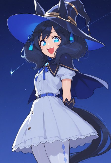 anime, masterpiece, best quality, 8k, glancing at viewer, 1girl, (female umamusume, female focus, umamusume, medium hair, dark blue hair, blue eyes, star pupils, twintails, fluffy hair, dark blue wizard hat, big wizard hat, short dark blue mantle, dark blue ribbon, white dress with blue and gold rim, black gloves, short sleeves, white tights, blue horse tail, horse ears, blue ribbons), nighttime, starry sky, shooting stars, laughing, happy, cute, short, wind blowing,  perfect body, petite, shortstacks, solo, masterpiece, best quality,highres, score_9, score_8_up, score_7_up, score_6_up, source anime, absurdres, masterpiece, best quality, very aesthetic, inkerto-kun