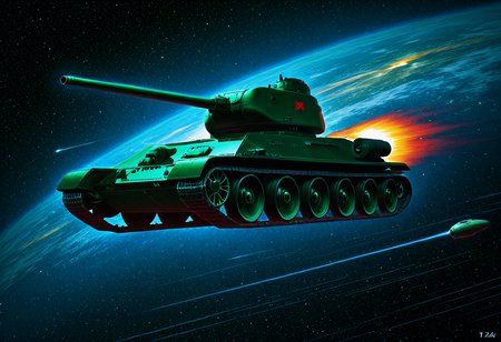 Graphic Design, color art, vibrant colors, colorful, intricate details, high contrast, detailed background, beautiful detailed, newest, new, t3485, no humans, tank, military vehicle, vehicle focus, space, cosmos, cinematic lighting, dark, rocket thrusters, rocket engine, science fiction, space ship, motion lines, flying, planet,