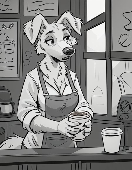 Furry, adult golden retriever female, female, wearing a barista clothing, holding a cup of coffee, interior of a coffee shop. 
source_furry,
<lora:GrayCove:0.5> monochrome, furry <lora:Tritscrits_Style_PonyXL:1> tr1tscr1ts <lora:kb0g_1.0Pony:0.8>  <lora:Jacato_Style_Pony:0.5>, score_9, score_8_up, score_7_up, score_6_up, score_5_up,