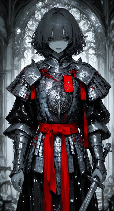 masterpiece, best quality, good quality, very awa, very aesthetic, absurdres, newest, Hikigaya Hachiman (Oregairu)wearing ancient chinese armor and holding an ancient sword, dark unkempt hair, black beady eyes, BREAK armor, ornate design, silver-plated metal, golden decorative accents, intricate engravings, scale-mail chest piece, reinforced pauldrons, red sash and ribbon details, BREAK elegant yet practical design, traditional craftsmanship, historical aesthetic, battle-worn texture,RTKXIII style, Cinematic Lighting,
limited palette, glowing, psychedelic, <lora:NOOB_vp1_detailer_by_volnovik_v1:0.35> <lora:noobai_ep11_stabilizer_v0.138_fp16:0.4> <lora:ponyv6_noobV1_2_adamW-000017:0.7> <lora:ç»ªå¿_åæ¶æå¾åå½±è´¨æå¢å¼ºV3:0.3> <lora:r17329_illuu:0.3> <lora:748cmXL_NB11_lokr_V6311P:0.8>