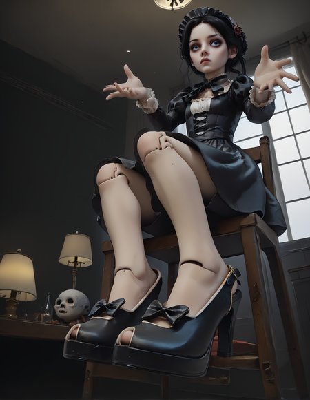 score_9, score_8_up, score_7_up, score_6_up, score_5_up, score_4_up,
sitting, chair, victorian furniture,
1girl, goth, black dress, black hair, 
doll, ball joints, long legs, blank eyes, wide eyes, blank stare, looking at viewer, expressionless,
indoors, school, 
(arms outstretched:1.2), (reaching toward viewer:1.3),
(from below), foot focus, from side,
wide angle, fisheye lens,
night, dark, dark background, Low-key lighting,
light particles,
(r3w1nd heels), 
embedding:zPDXL2 ,