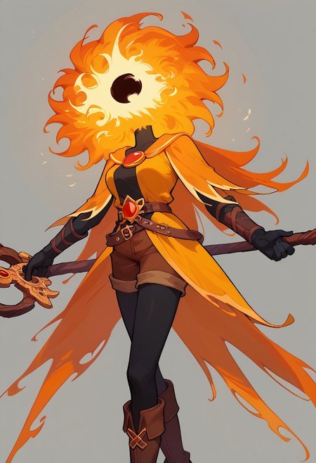 score_9, score_8_up, score_7_up,
lord_of_frenzy, fire head,
holding magic spear,
novakin, faceless, no eyes, no mouth, no nose, no facial features, short fiery yellow orange hair, body made of black plasma,
magical girl outfit, steampunk dress, boots, brown shorts, black tights, medium breasts, belt,
simple background, grey background,
adventure time
