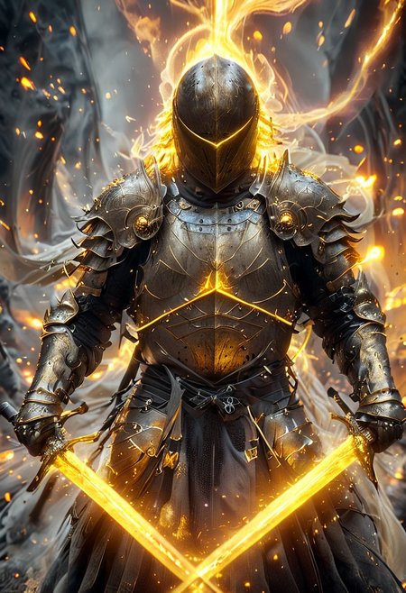 1man, armored samurai in golden samurai armor, wearing samurai helmet and armor,  golden fire, wielding dual swords:1.2, brave perspective, reflection, glowing golden fire, golden lightning shatter, , glowing sword, motion blur, emphasis line, outdoor in the darkness, looking at viewer, katanas