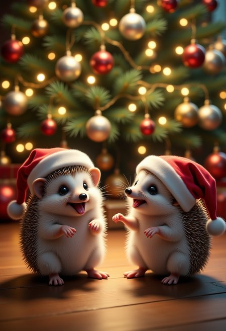 Hedgehogs dancing under the Christmas tree, wearing Christmas hats, Christmas atmosphere, ultra realistic, high quality, masterpiece, extremely detailed, hd, high_detailed, captured in high detail, bo-christmas